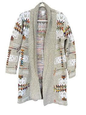 Northern Angel Gray Multi Colorful Aztec Open Front Long Sweater Cardigan SZ M